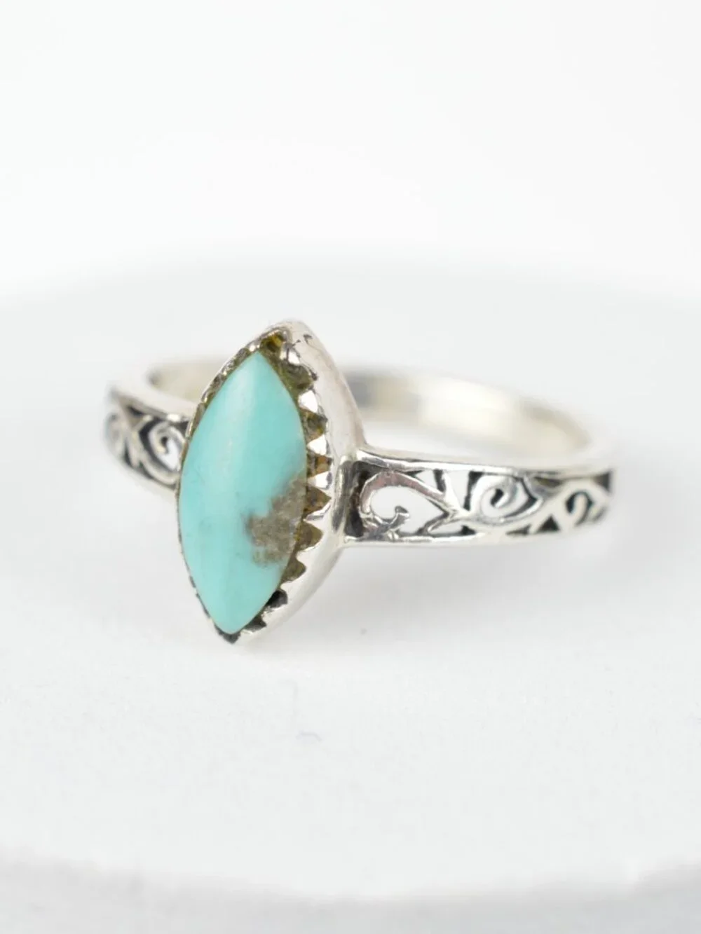 925 Sterling Silver Turquoise Ring Size 4.75 Marquise Boho Filigree Band 2g